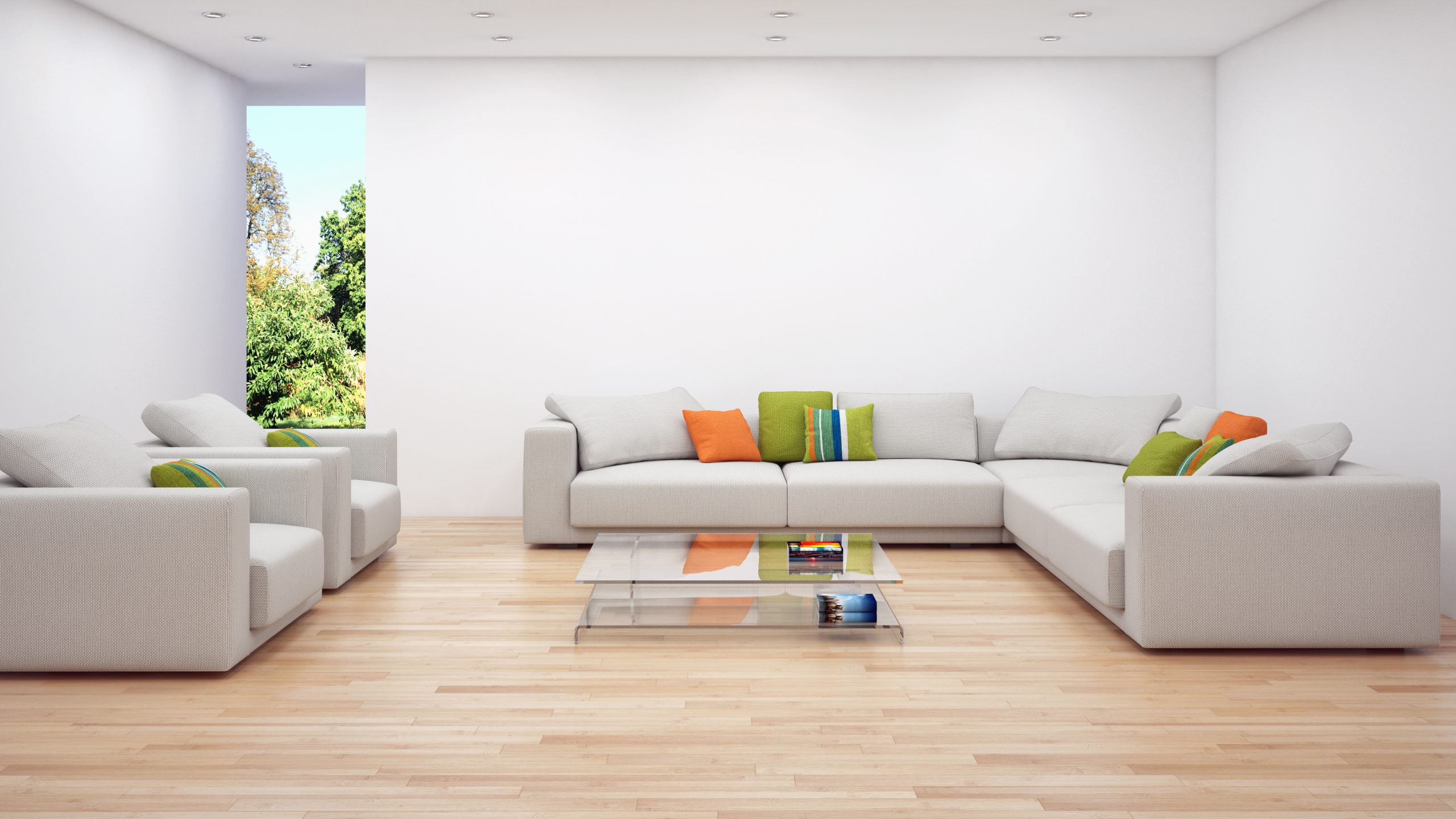 Beautifully finished hardwood flooring in a modern living room, showcasing the rich grain and warm tones.